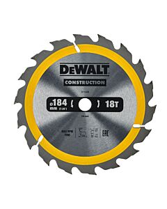 LAME DE SCIE CIRCULAIRE PORTATIVE CARBURE CONSTRUCTION, 184X16MM, 18 DENTS, ATB/DELIGNAGE, ANGLE D'ATTAQUE 20 POUR LA COUPE DU BOIS DUR ET TENDRE, MDF, CONTREPLAQUES ET BOIS DE RECUPERATION - DEWALT DT1938-QZ