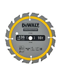 LAME DE SCIE CIRCULAIRE SANS FIL CARBURE CONSTRUCTION, 136X10MM, 16 DENTS, ATB/DELIGNAGE, ANGLE D'ATTAQUE 20 POUR LA COUPE DU BOIS DUR ET TENDRE, MDF, CONTREPLAQUES ET BOIS DE RECUPERATION - DEWALT DT1946-QZ