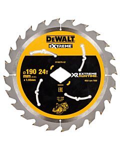 LAME DE SCIE CIRCULAIRE PORTATIVE CARBURE XR RUNTIME 190 MM, ALESAGE DIAMANT POUR DCS577, 24 DENTS, POUR LA COUPE DU BOIS DUR ET TENDRE, BOIS AVEC CLOUS - DEWALT DT40270-QZ