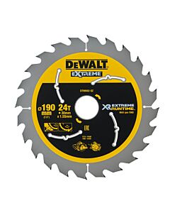 LAME DE SCIE CIRCULAIRE SANS FIL CARBURE XR RUNTIME, 190X30MM, 24 DENTS, ATB/TRONCONNAGE, ANGLE D'ATTAQUE 25 POUR LA COUPE DU BOIS DUR ET TENDRE, MDF, CONTREPLAQUES ET BOIS DE RECUPERATION - DEWALT DT99562-QZ