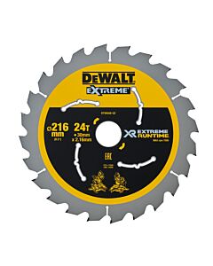 LAME DE SCIE CIRCULAIRE STATIONNAIRE CARBURE XR RUNTIME, 216X30MM, 24 DENTS, ATB/DELIGNAGE, ANGLE D'ATTAQUE 7 POUR LA COUPE DU BOIS DUR ET TENDRE, MDF, CONTREPLAQUES, STRATIFIES ET PLACAGES - DEWALT DT99568-QZ