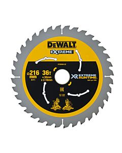 LAME DE SCIE CIRCULAIRE STATIONNAIRE CARBURE XR RUNTIME, 216X30MM, 36 DENTS, ATB/TRONCONNAGE, ANGLE D'ATTAQUE 7 POUR LA COUPE DU BOIS DUR ET TENDRE, MDF, CONTREPLAQUES, STRATIFIES ET PLACAGES - DEWALT DT99569-QZ