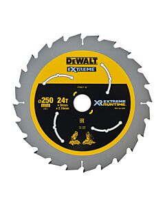 LAME DE SCIE CIRCULAIRE STATIONNAIRE CARBURE XR RUNTIME, 250X30MM, 24 DENTS, ATB/DELIGNAGE, ANGLE D'ATTAQUE 7 POUR LA COUPE DU BOIS DUR ET TENDRE, MDF, CONTREPLAQUES, STRATIFIES ET PLACAGES - DEWALT DT99571-QZ