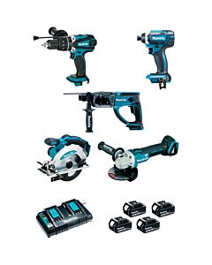 DHP458+DTD152+DHR202+DGA504+DSS610+BL1850X4+DC18RD - MAKITA DLX5039PTJ